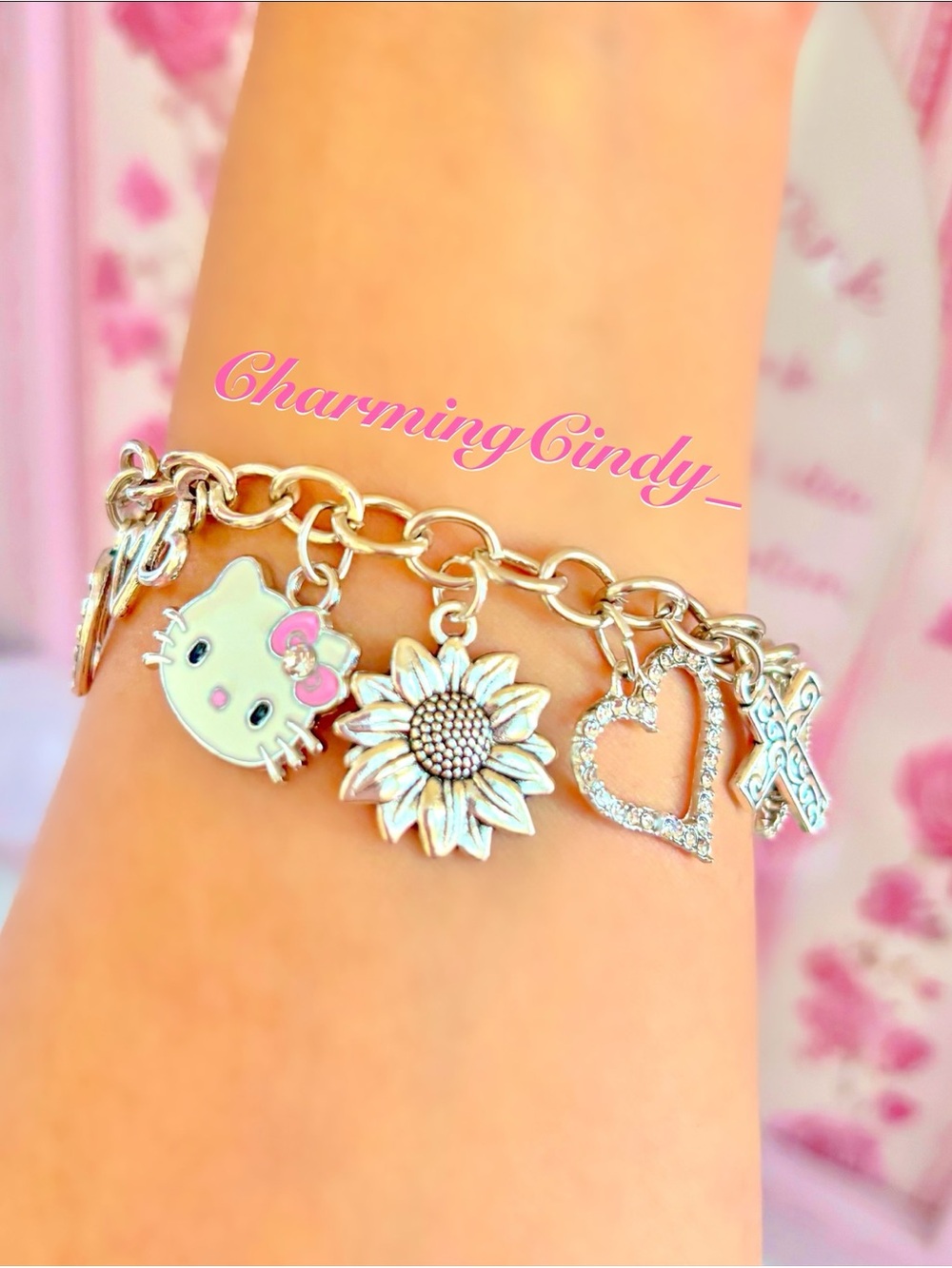 Hello Kitty Silver Charm Bracelet with Pink Accents